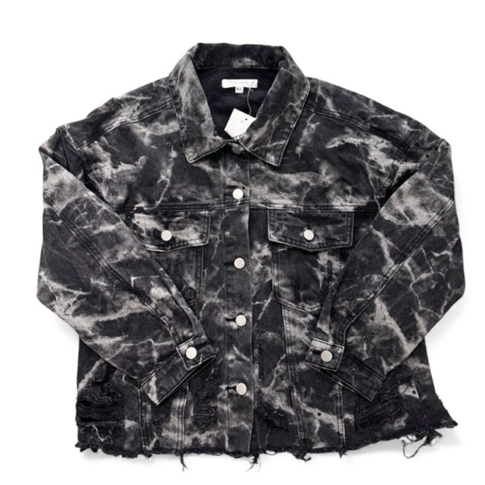 NWT 12th Tribe Black & White Distressed Tie-Dye Oversized Denim Jacket |Size M/L